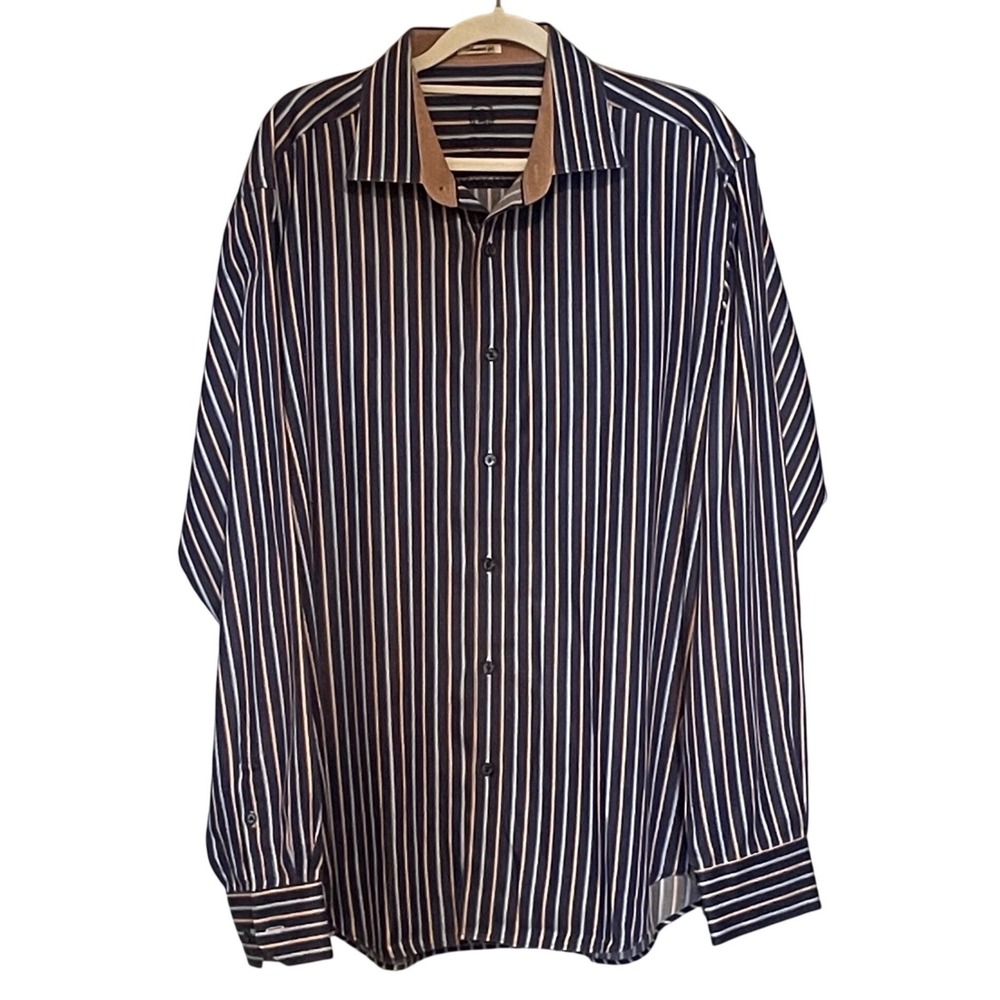 Bugatchi Uomo Cotton Shaped Fit Long Sleeve Striped Button Down Shirt Navy Blue